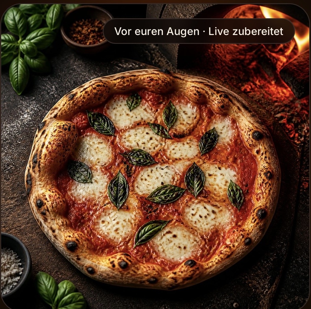 Steinofenpizza Margherita vor loderndem Feuer